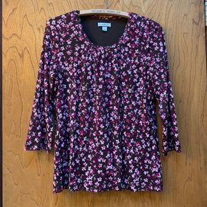 Womens Floral Mesh Tulle Blouse Large 3/4 sleeve Red Pink Brown